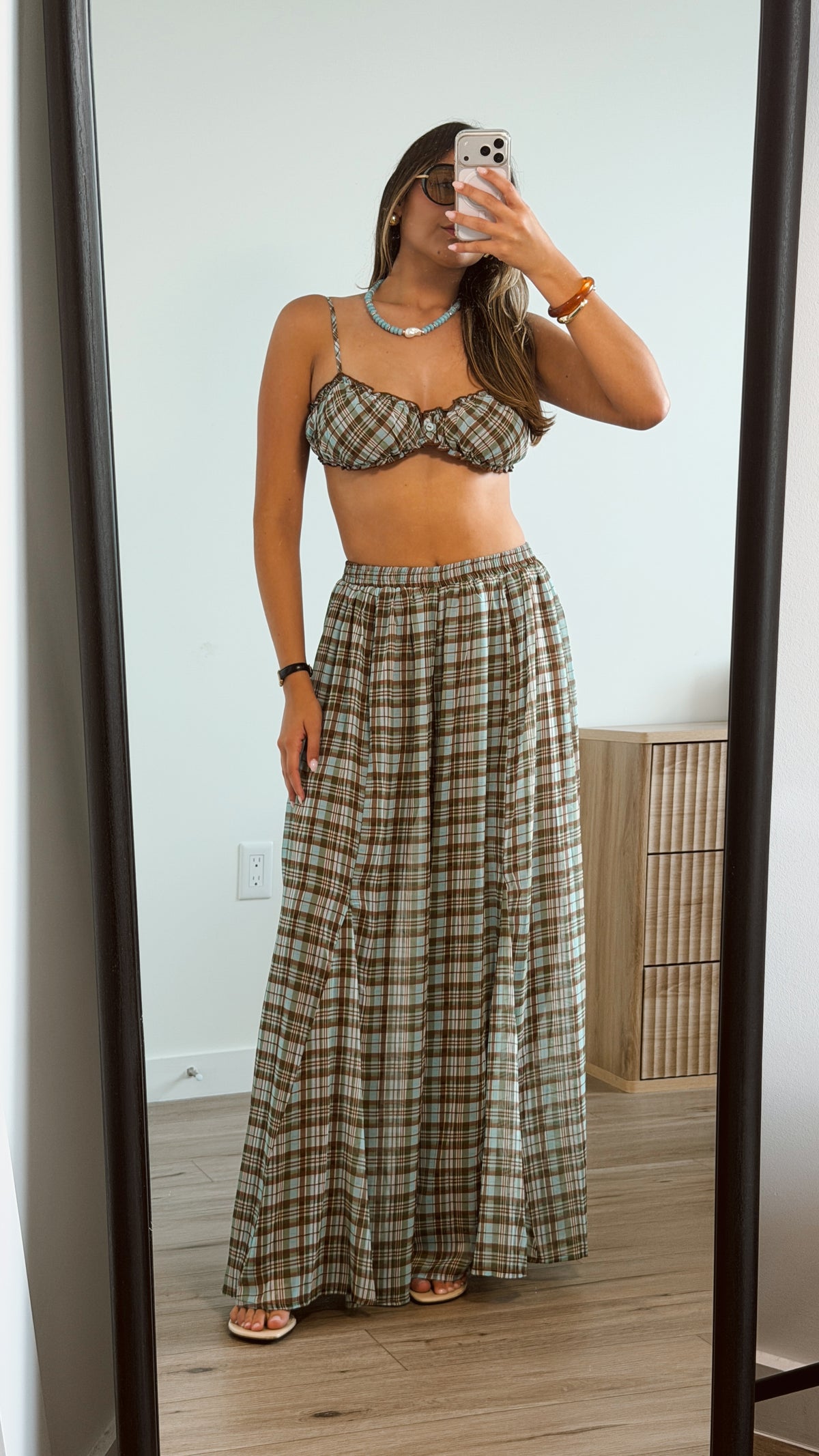 Plaid Ruched Top and Wide Leg Pant Set