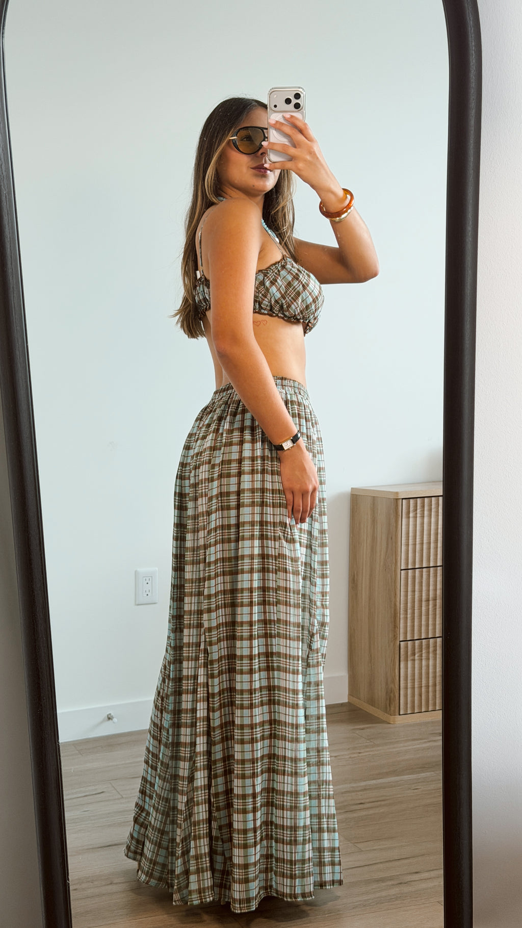 Plaid Ruched Top and Wide Leg Pant Set
